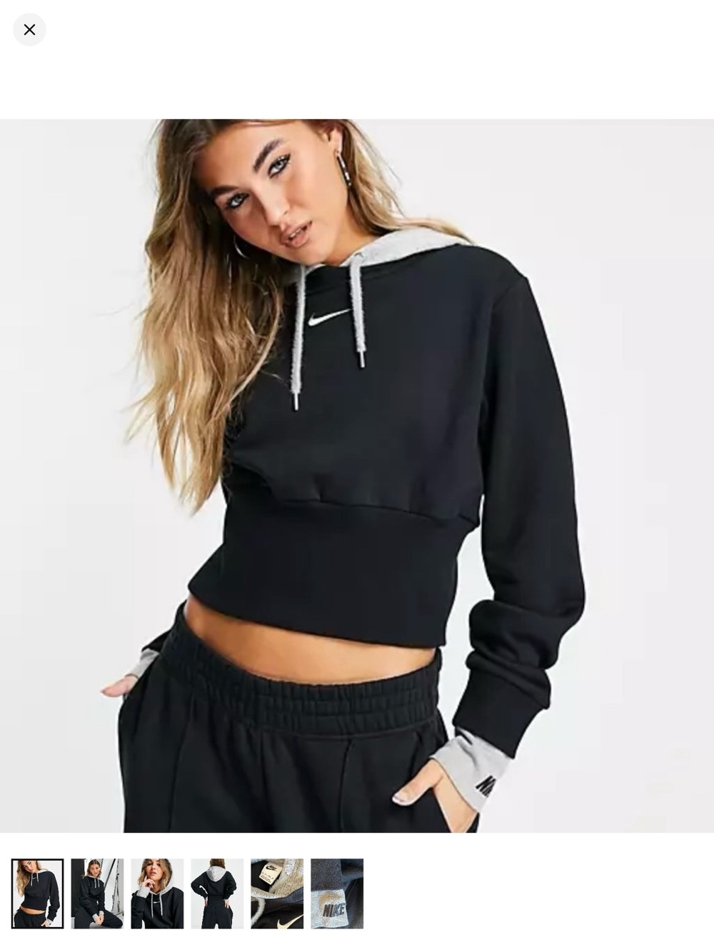 Nike Women’s Black Cropped Hoodie with Gray Hood and Cuffs